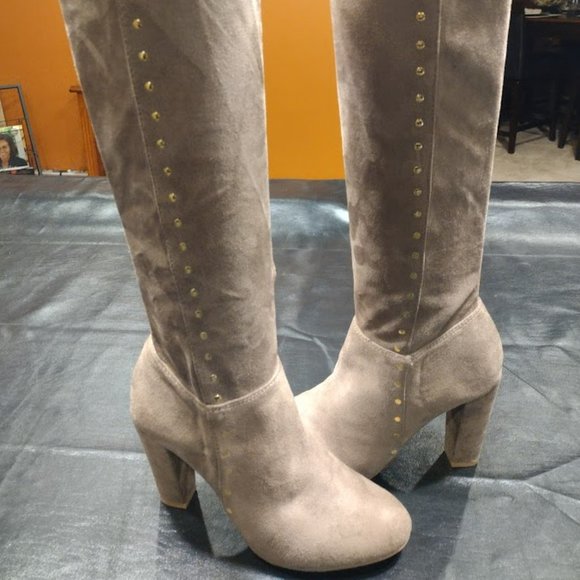 TAUPE SUEDE STUDDED KNEE HIGH BOOTS - Picture 4 of 6
